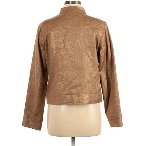 Chico's Metallic Gold Camel Textured Blazer Jacket Mandarin Collar Sz 1 = M/8 - Picture 2 of 14